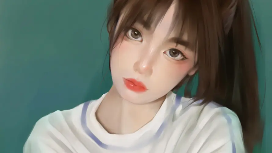 4k油画风壁纸 - 绿背景 - 高马尾美女 - wallpaper「哲风壁纸」