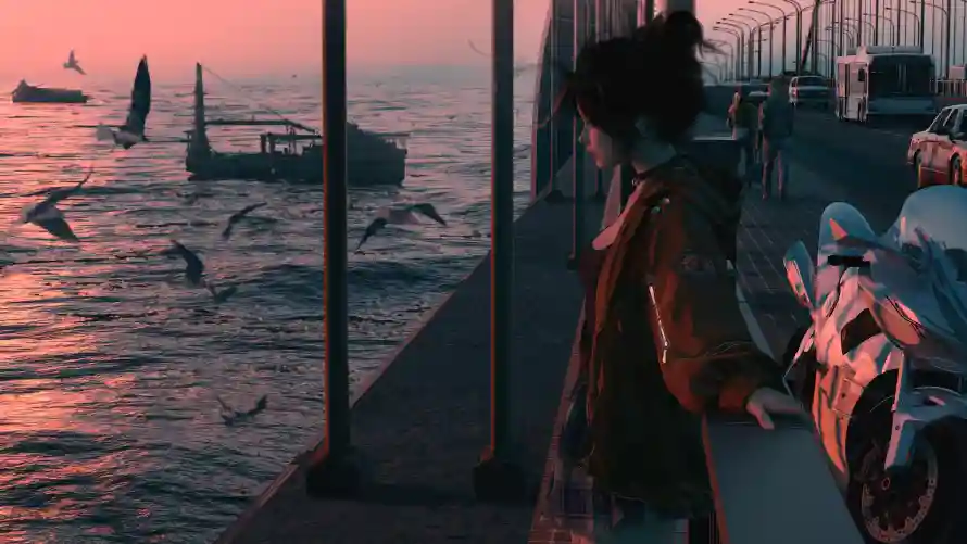 4k桥边看海壁纸 - 海 - 看海的女孩 - 粉色的海洋「哲风壁纸」