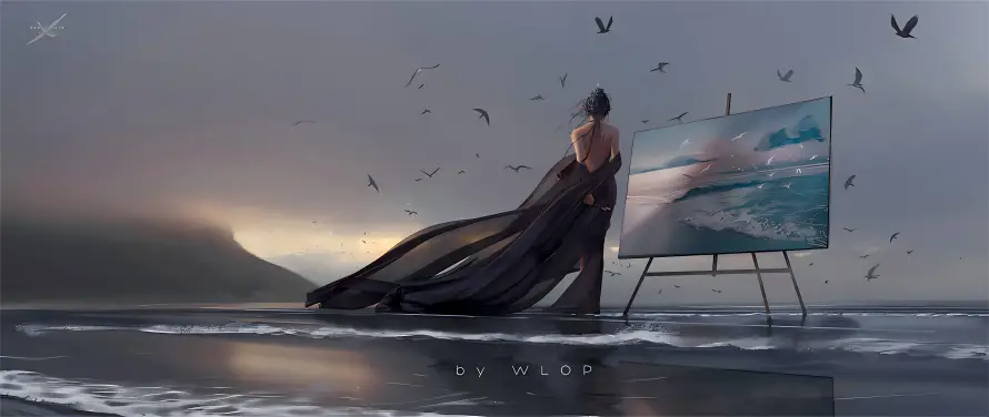 4kWLOP壁纸 - 女子作画 - 海边场景 - 艺术氛围「哲风壁纸」