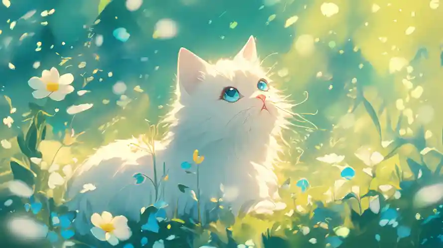4k白猫壁纸 - 花 - 花丛 - 可爱猫咪「哲风壁纸」