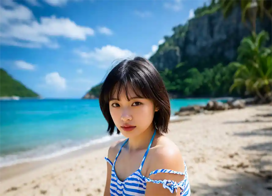 4k沙滩壁纸 - 美女 - 比基尼 - 短发美女「哲风壁纸」