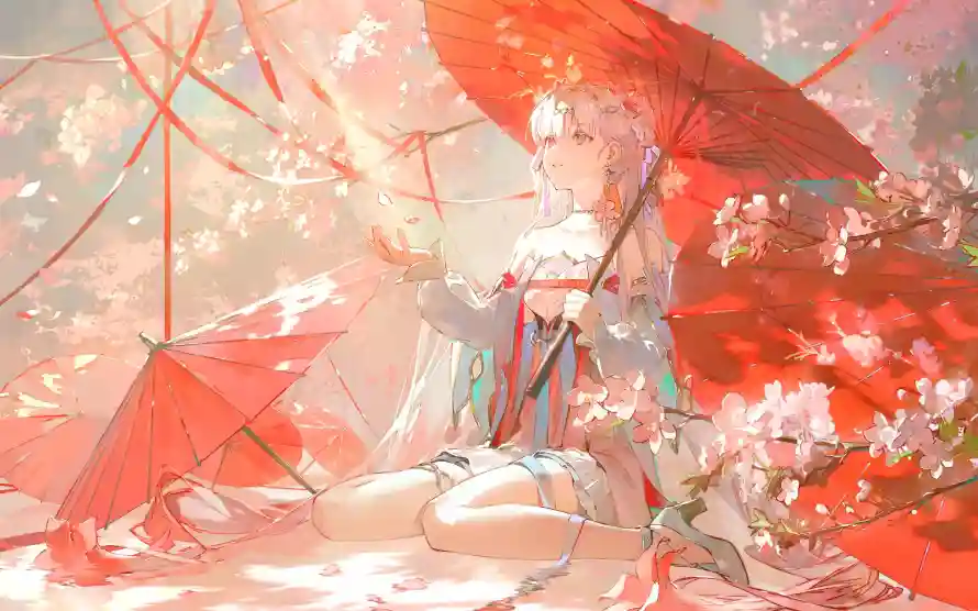 4k意境壁纸 - 春风 - 梨花 - 红伞「哲风壁纸」