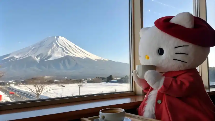 6k玩偶壁纸-凯蒂猫壁纸和富士山-窗边场景免费下载「哲风壁纸」