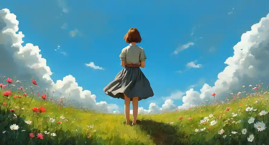 4k向往壁纸 - 女孩 - 背影 - 草地「哲风壁纸」