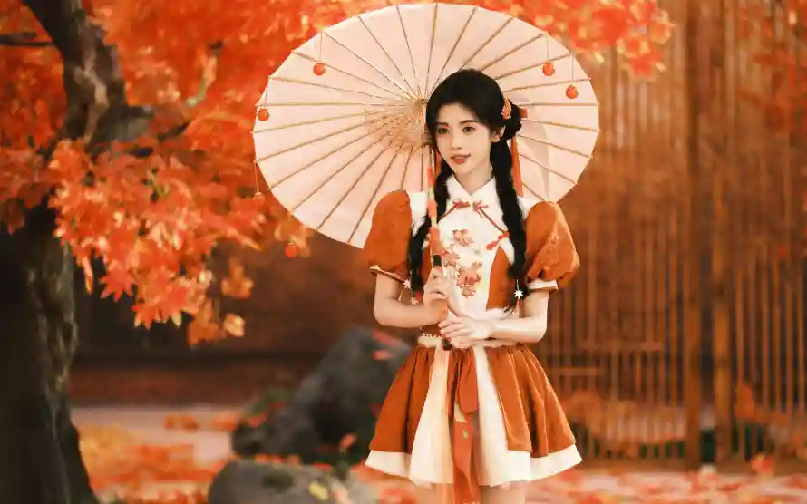 4k古装壁纸 - 持伞 - 红叶 - 美女「哲风壁纸」
