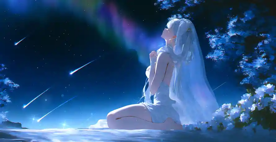 4k少女壁纸 - 星空 - 白衣 - 花朵「哲风壁纸」