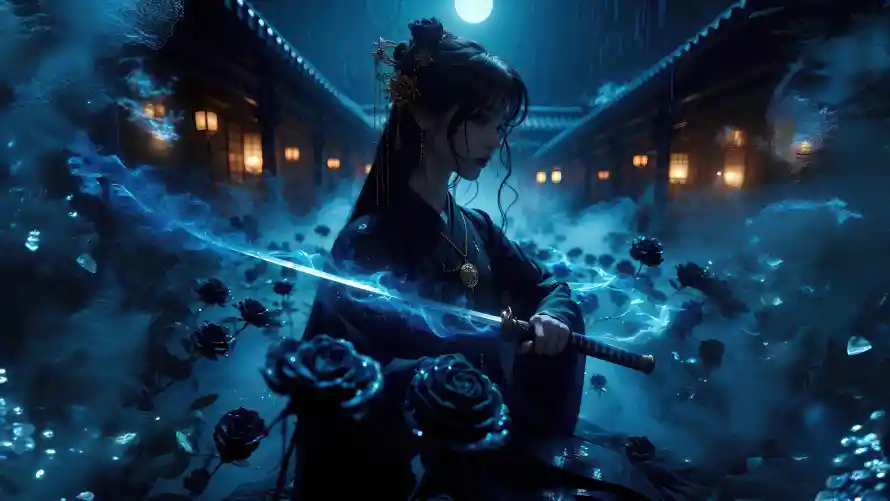 4k动漫壁纸 - 持剑 - 暗夜 - 玫瑰「哲风壁纸」