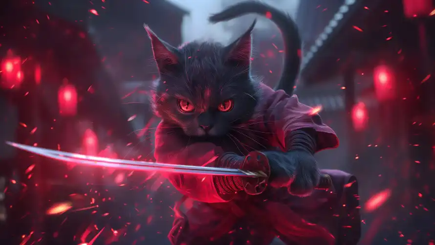 4k动漫壁纸 - 武士 - 黑猫 - 红眼睛「哲风壁纸」