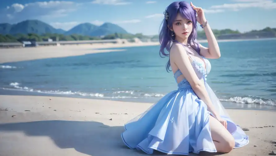 4k沙滩壁纸-紫发美女与海景-美女系列热门的壁纸「哲风壁纸」
