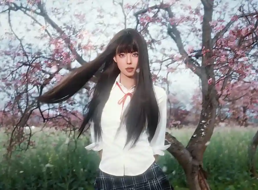 4k美女壁纸 - 长发 - 校园风 - 樱花树「哲风壁纸」
