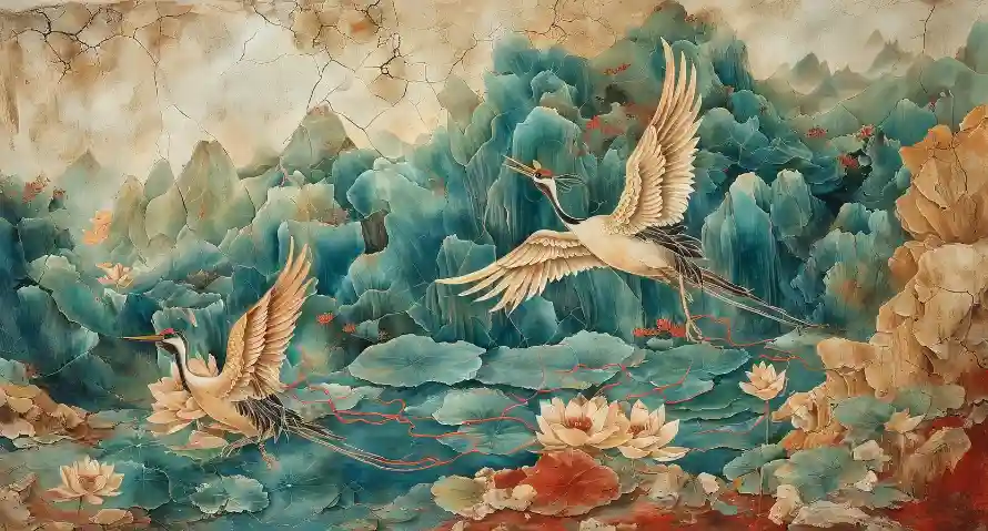 2k仙鹤壁纸-年代画和荷花-热门的壁纸「哲风壁纸」