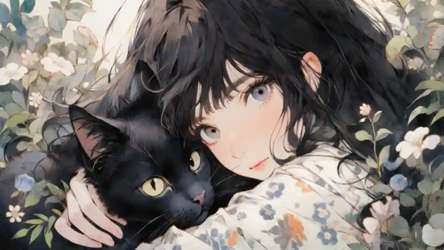 4kAI壁纸 - 女孩 - 美女 - 黑猫「哲风壁纸」