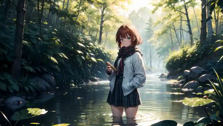 4kAI壁纸 - 少女 - 森林 - 溪流「哲风壁纸」
