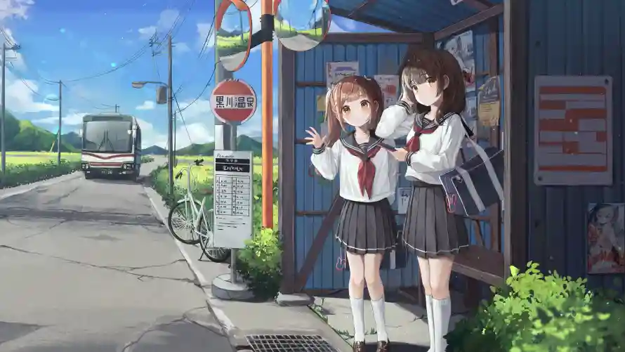 4kjk壁纸 - 动漫 - 少女 - 公交站「哲风壁纸」