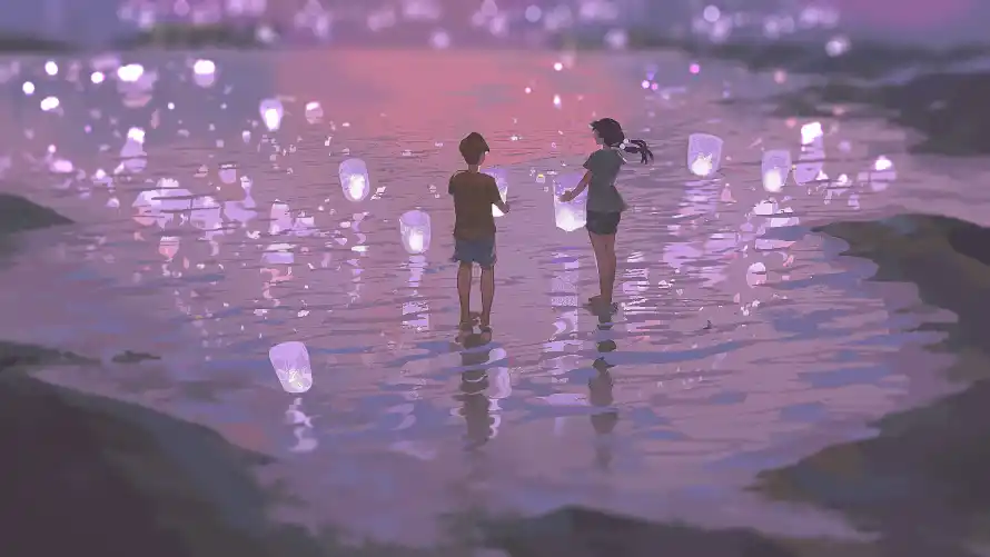 4k人物壁纸 - 动漫 - 夜景 - 孔明灯「哲风壁纸」