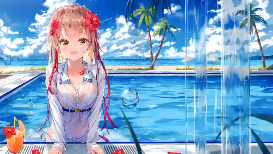 4k动漫壁纸 - 少女 - 泳池 - 二次元「哲风壁纸」