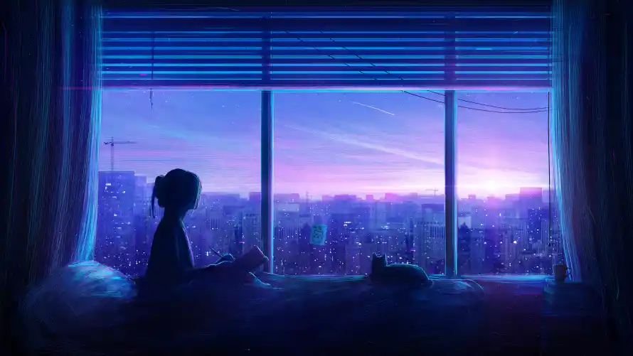 4k动漫壁纸 - 夜景 - 女孩 - 窗前「哲风壁纸」
