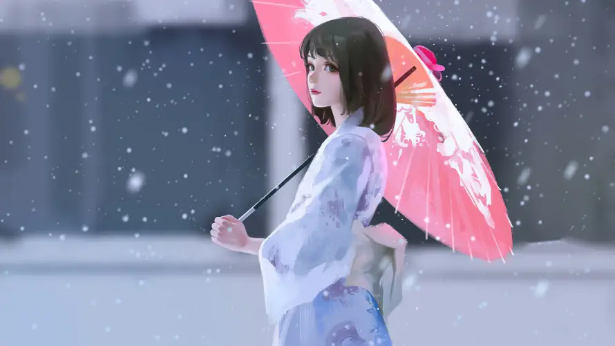 4k动漫壁纸 - 和服 - 少女 - 撑伞「哲风壁纸」