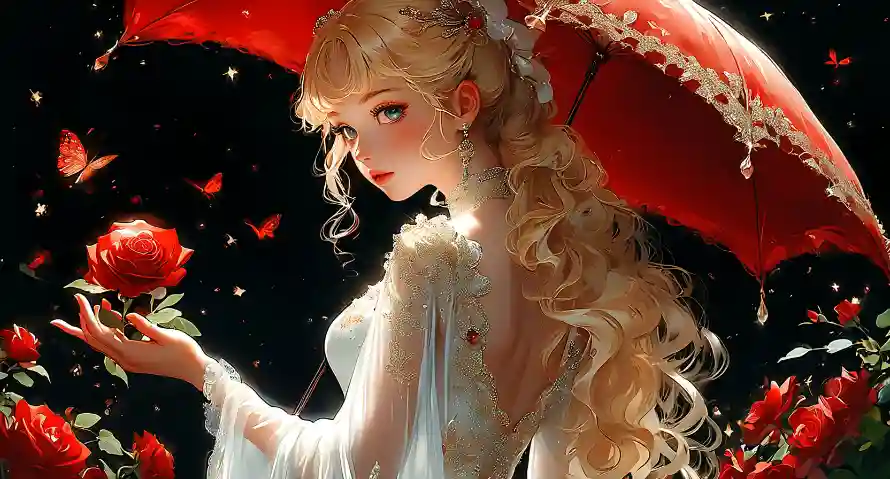 4k少女壁纸 - 玫瑰 - 红伞 - 美女「哲风壁纸」