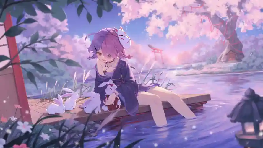4k动漫壁纸 - 少女 - 樱花 - 水景「哲风壁纸」