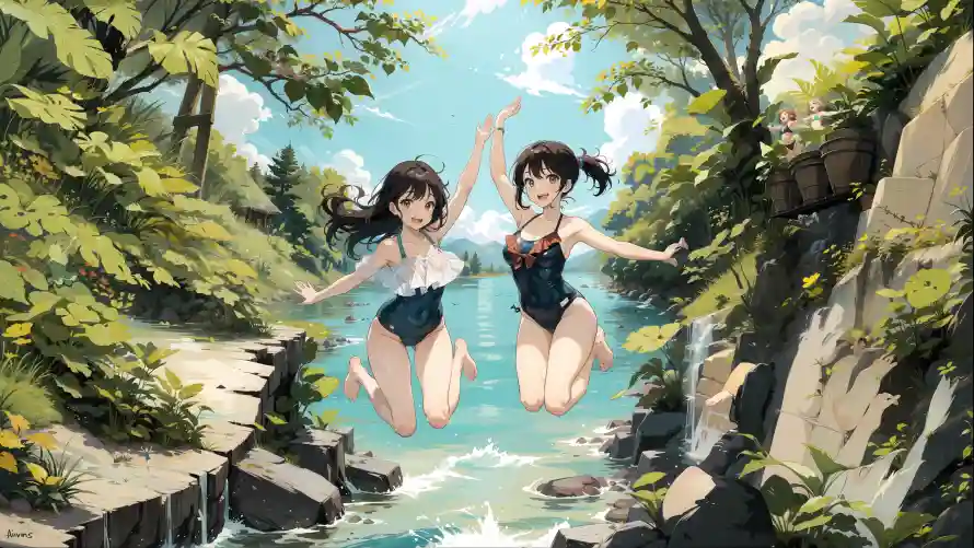 4kAI壁纸 - 少女 - 泳装 - 溪流「哲风壁纸」