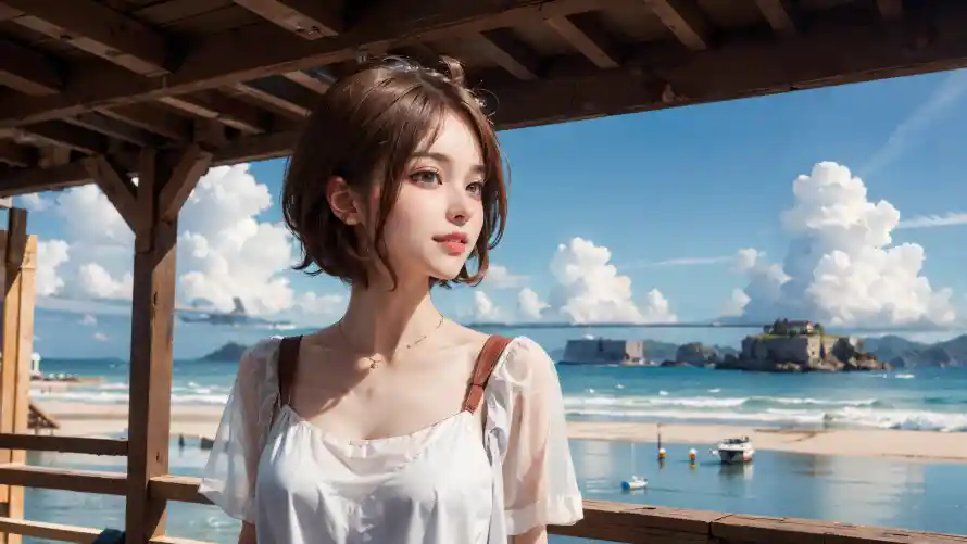 4kAI壁纸 - 木屋 - 海边 - 美女「哲风壁纸」