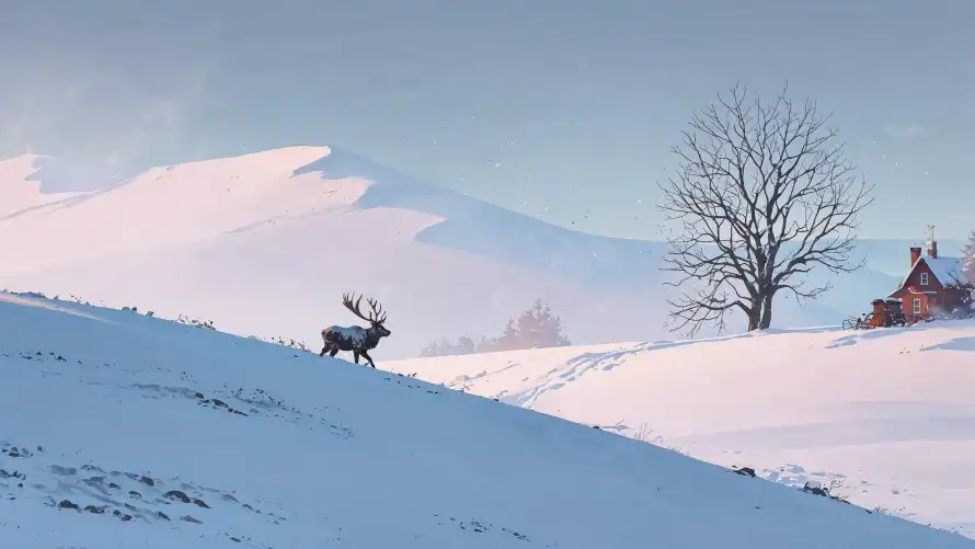 4kAI壁纸 - 小屋 - 雪景 - 驯鹿「哲风壁纸」