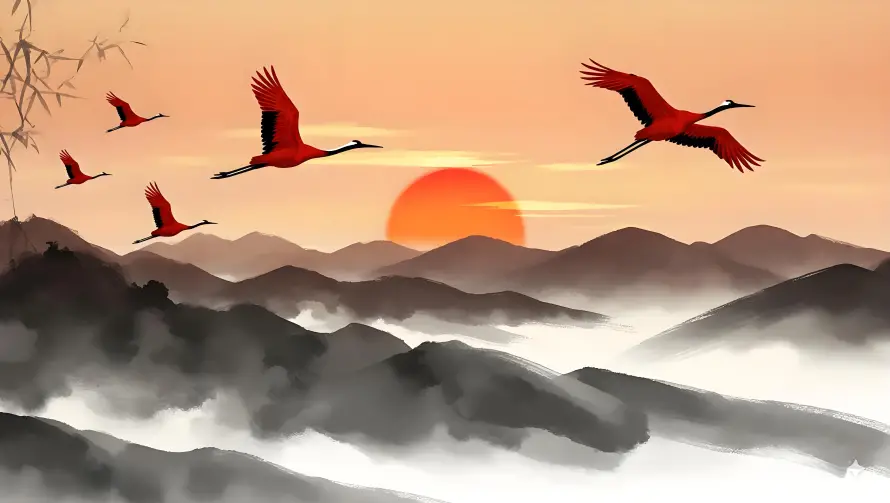 4k中式壁纸 - 云雾 - 仙鹤 - 夕阳「哲风壁纸」