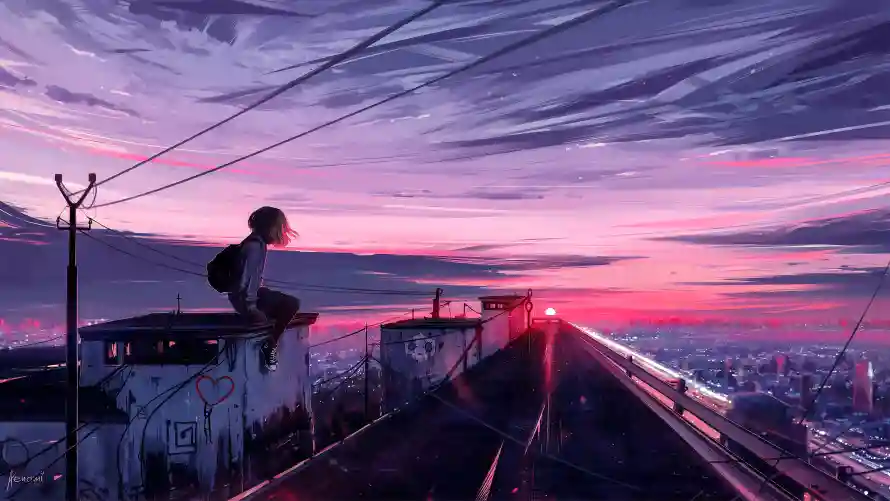 4k少女壁纸 - 插画 - 铁轨 - 黄昏「哲风壁纸」