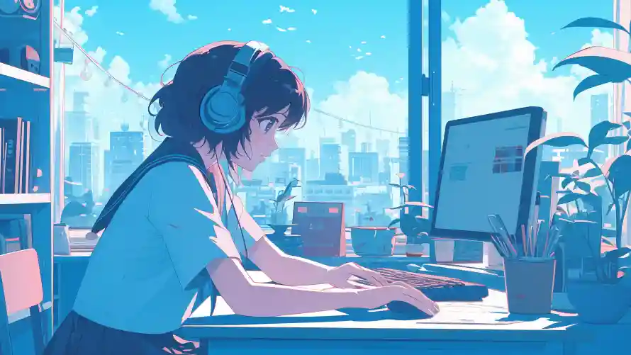 4kjk壁纸 - 动漫 - 少女 - 电脑前「哲风壁纸」