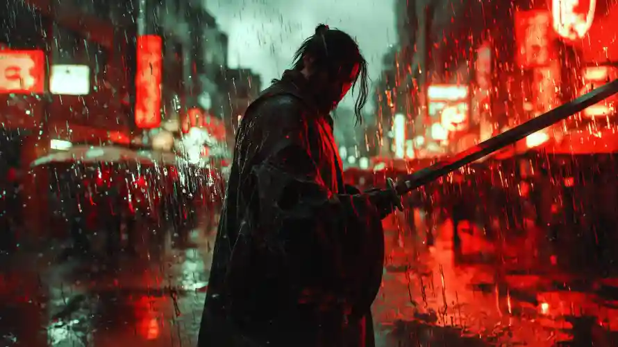 4kAI壁纸 - 雨滴 - 二次元 - 武士刀「哲风壁纸」