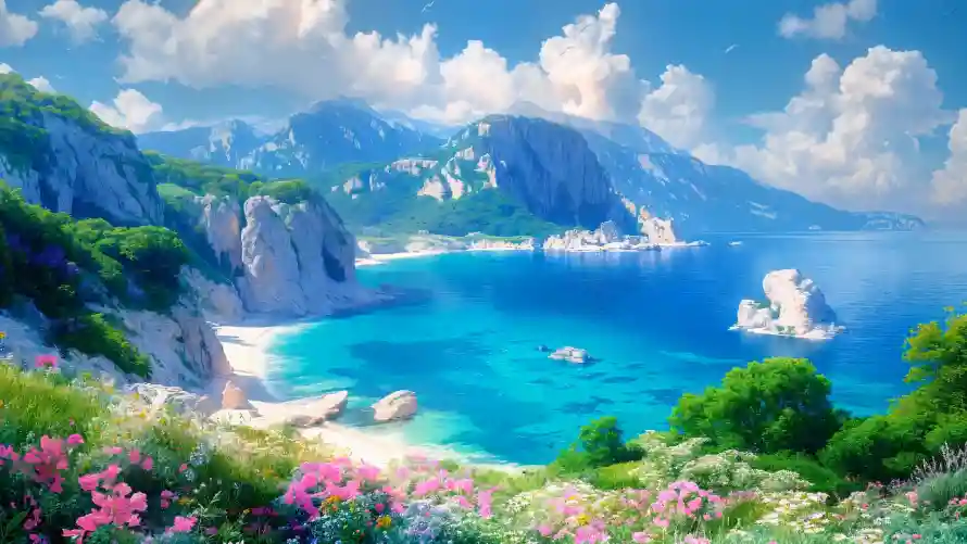4k山海壁纸 - 海边 - 花卉 - 蓝天「哲风壁纸」