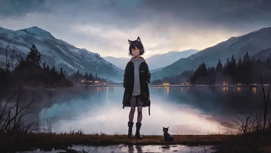 4k动漫壁纸 - 二次元 - 动漫插画 - 少女与猫「哲风壁纸」