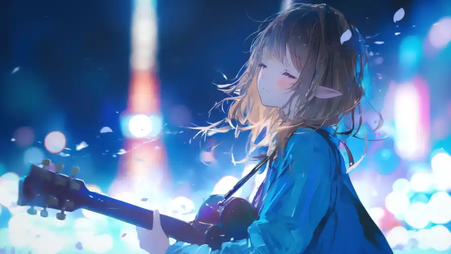 4k动漫壁纸 - 吉他 - 夜景 - 少女「哲风壁纸」