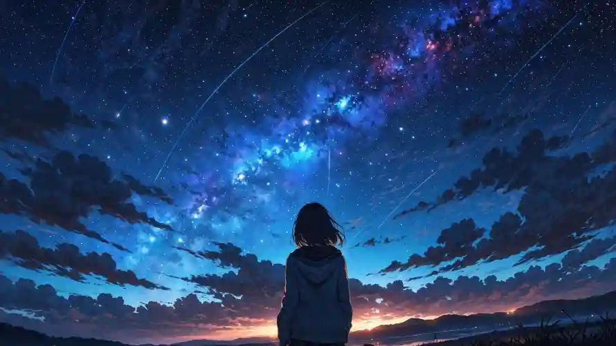 4k云彩壁纸 - 动漫 - 夜空 - 女孩「哲风壁纸」