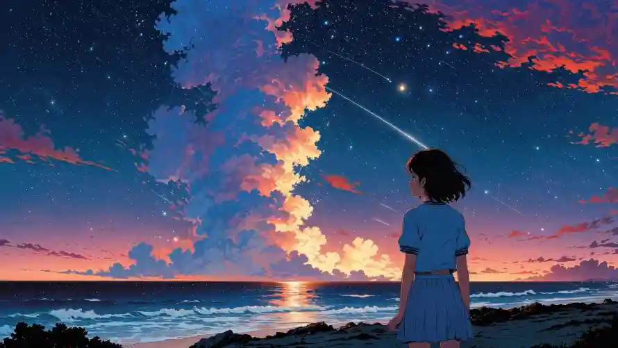 4k动漫壁纸 - 少女 - 星空 - 流星「哲风壁纸」