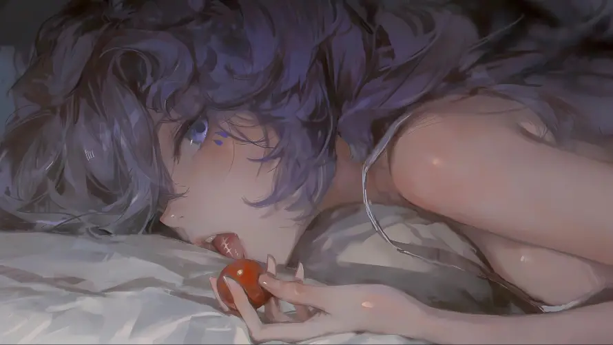 4k紫色壁纸 - 美女 - 卧室侧卧场景 - 手持鲜果美女「哲风壁纸」