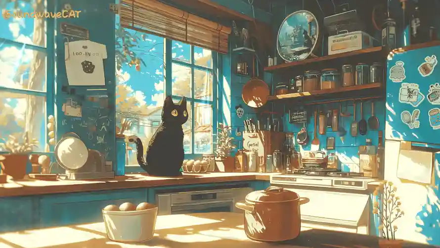 4k厨房壁纸-家居插画和黑猫-插画风格热门的壁纸「哲风壁纸」