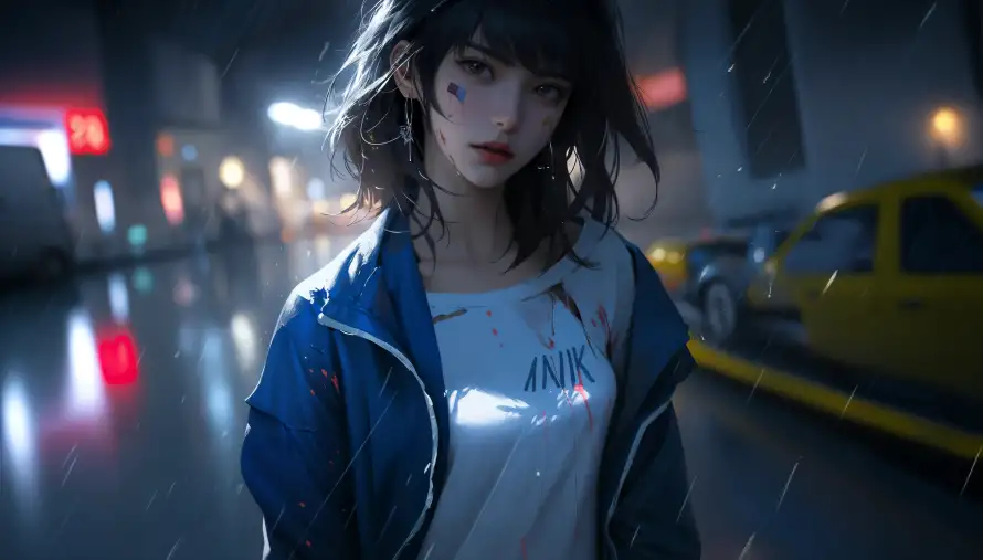 4k女孩壁纸 - 在雨中 - 雨夜氛围感 - 霓虹灯背景「哲风壁纸」