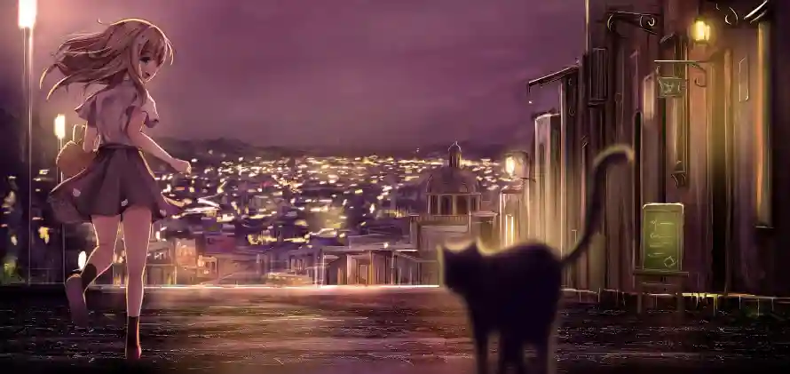 4k夜城壁纸 - 猫 - 少女 - 二次元「哲风壁纸」