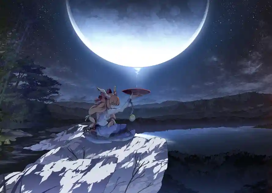 4k东方壁纸 - 伊吹萃香 - 岩石插画 - 月夜场景「哲风壁纸」