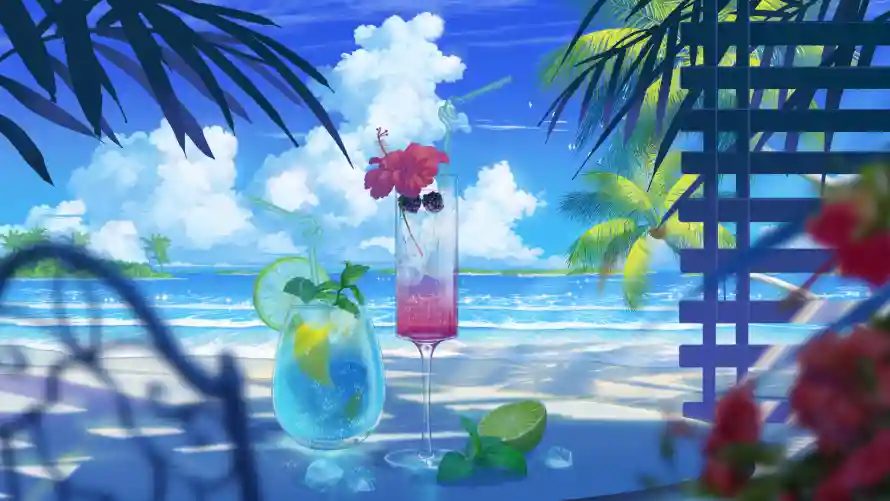 4k夏季壁纸 - 清爽 - 棕榈叶 - 冷饮插画「哲风壁纸」 4k夏季壁纸 - 清爽 - 棕榈叶 - 冷饮插画「哲风壁纸」