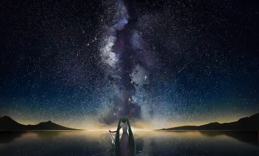 4k倒影壁纸 - 初音 - 夜景 - 星空「哲风壁纸」