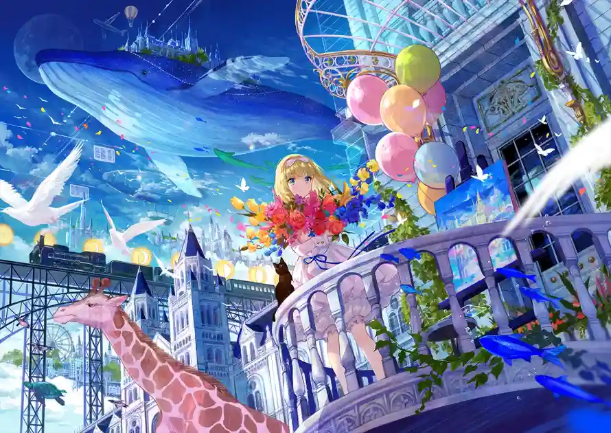 4k奇幻壁纸 - 女孩 - 气球 - 花朵「哲风壁纸」