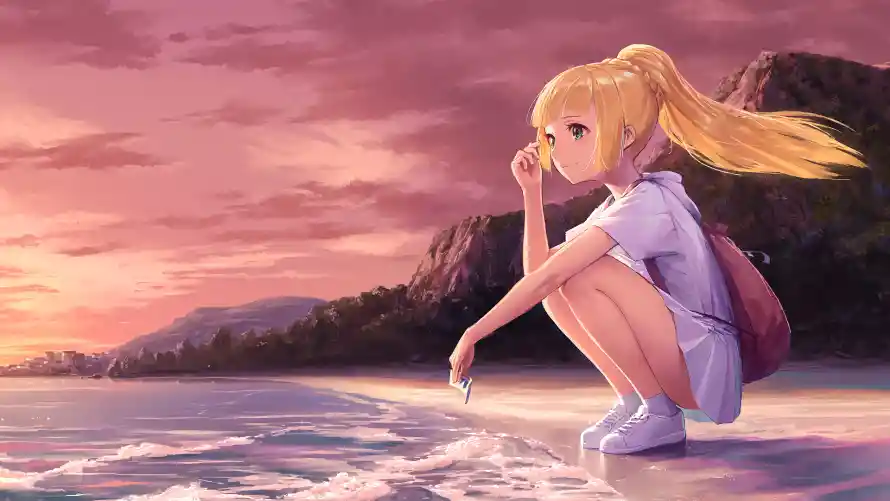 4k女孩壁纸 - 二次元 - 少女背影 - 海边夕阳「哲风壁纸」