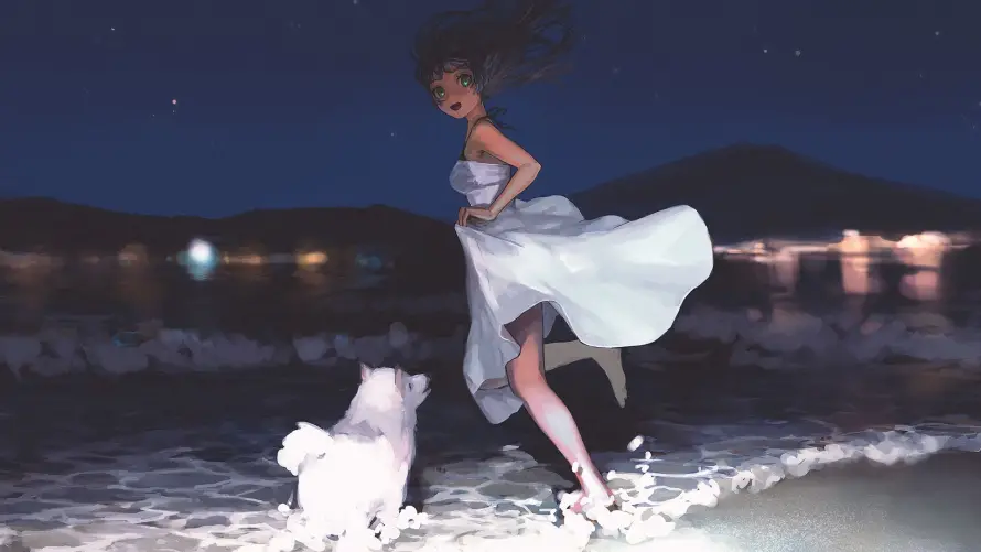 4k女孩壁纸 - 海浪 - 白犬 - 二次元「哲风壁纸」