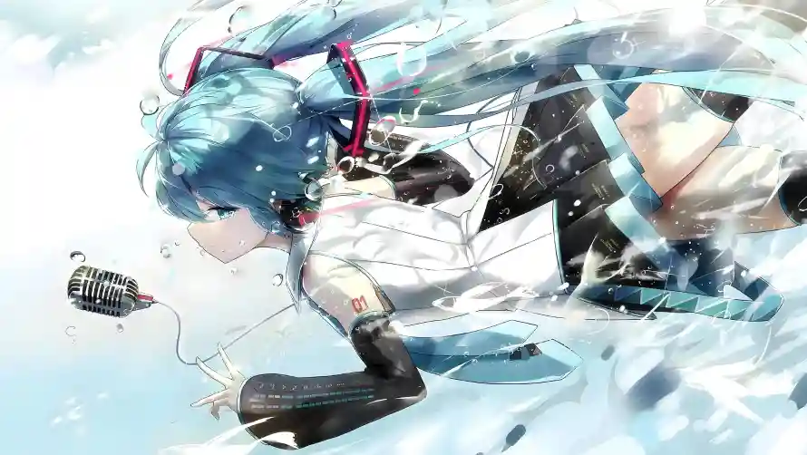 4k冰晶壁纸 - 冰水 - 初音 - 蓝发「哲风壁纸」