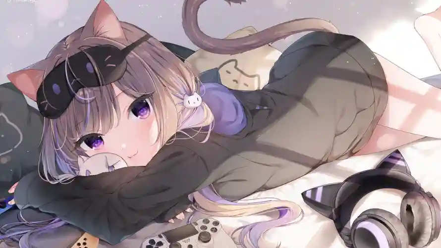 4k女孩壁纸 - 猫耳 - 紫发 - 耳机「哲风壁纸」
