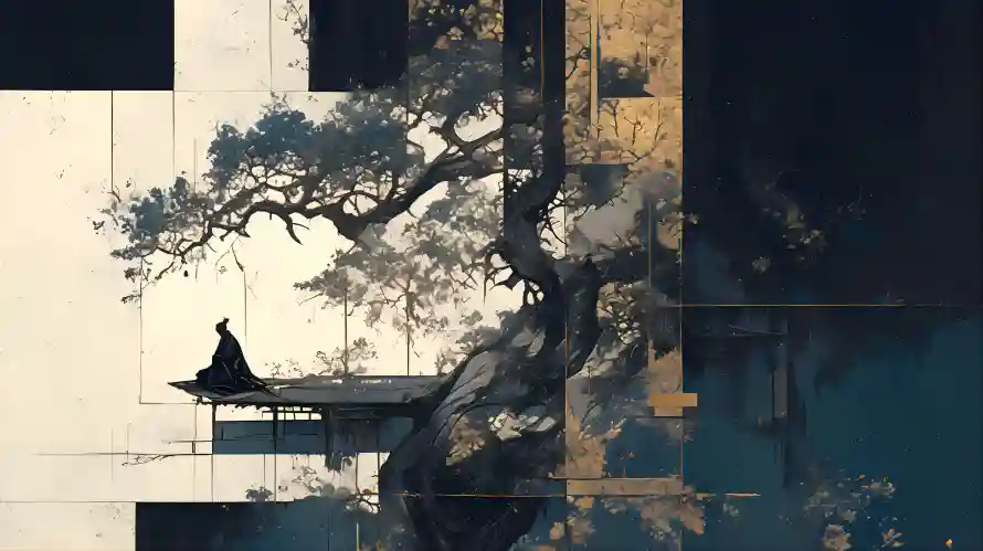 8k水墨画壁纸-孤寂氛围 - 建筑背景-悬崖场景「哲风壁纸」