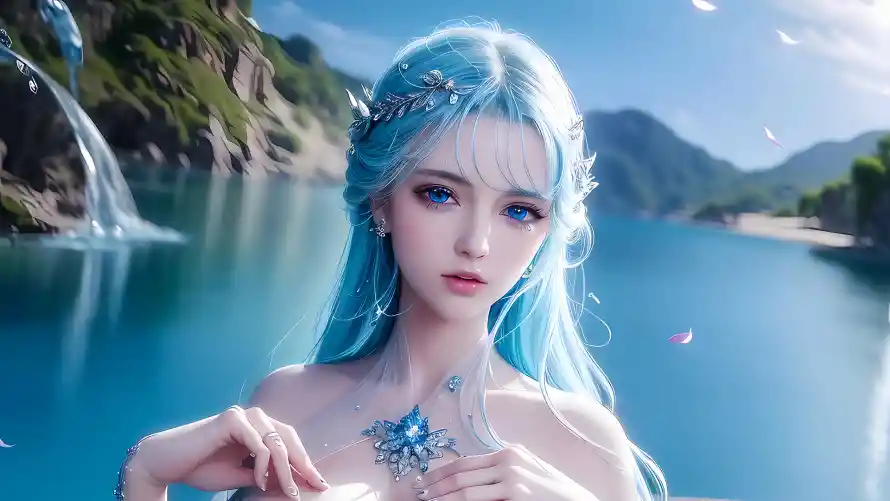 4k美女壁纸 - 蓝发 - 唯美壁纸 - 山水背景「哲风壁纸」